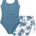 Girls Swimsuit Halter Neck One Piece Bathing Suit with Tropical Printed Cover Up Skirt Girls' Swimwear Set 7-18Y (13-14 Years, Dark Blue-1)