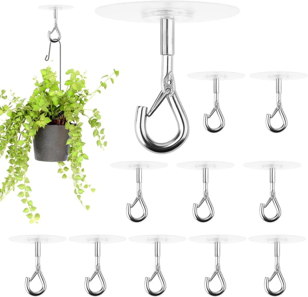 12 Pcs Self Adhesive Ceiling Hooks No Drilling Ceiling Hooks Stainless Steel Eye Hooks for Hanging Small Plants Wind Chimes, Secure/Enclosed Design, Easy to Open