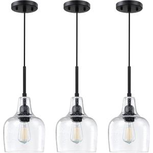 3 Pack 1 Light Indoor Hanging Kitchen Island Pendant Ceiling Light 6.1" Clear Seeded Glass Fixture,Black Finish for Farmhouse Over Sink Bedroom Hallway