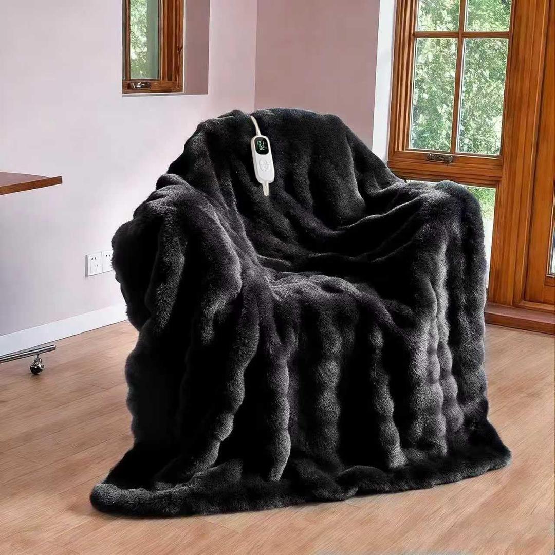IUUI Electric Heated Blanket Throw 50''x60'',Luxury Faux Rabbit Fur Heating Throw Blankets,Fast Heating with 1/2/4/6/8/10 Hours,Overheat Protection, Quick Heating, Memory Function, Gift-Ready Design (Black)