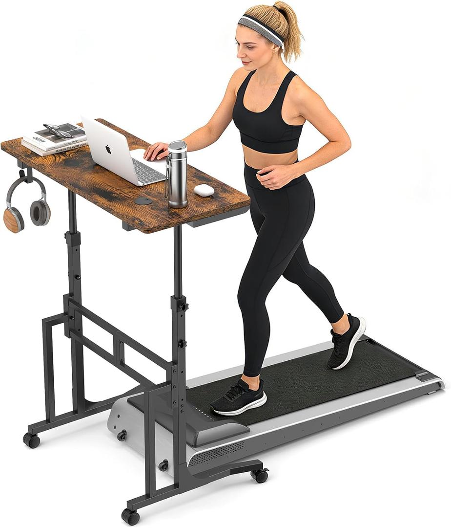 ikkle Standing Desk with Wheels, Adjustable Treadmill Desk, Rolling Bike Trainer Desk for Walking Pad Laptop, Phone Standing, Brown