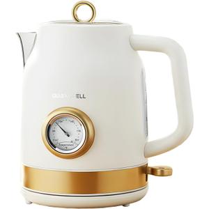 Retro Electric Kettle, 1.7L 304 Stainless Steel Tea Kettle with Temperature Gauge, 1500W Fast Boiling Water Boiler,Auto Shut-Off & Boil-Dry Protection, BPA-Free, Matte White and Gold