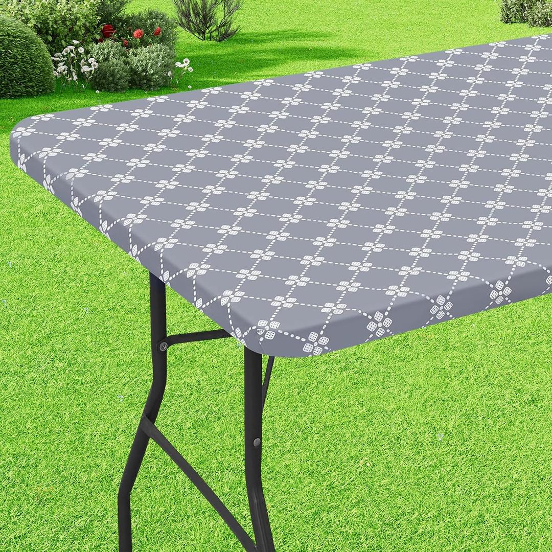 misaya Rectangle Vinyl Table Cloth, Elastic Fitted Tablecloth with Flannel Backing, Waterproof Plastic Table Cover Fits 6 Foot Folding Tables for Camping, Indoor and Outdoor (Grey, 30" x 72") (72" x 30" (Rectangular))