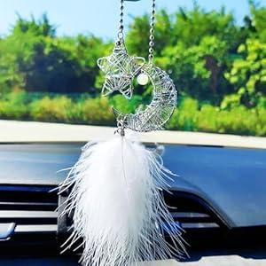 Iron Star and Moon Car Hanging Ornament Rear View Mirror Accessories, Feather Charms Cute Car Accessories for Women, Car Mirror Hanging Accessories Home/Car Decor