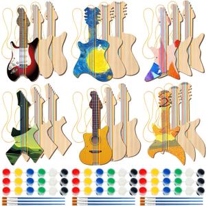 Syhood 36 Pcs 18 Sets DIY Wood Guitar for Kids (6 Difference Designs) with Pigments (6 Colors), Christmas Kids Gift for Boys Girls Crafts Art Birthday Class Party Music Theme Party(Trendy Style)