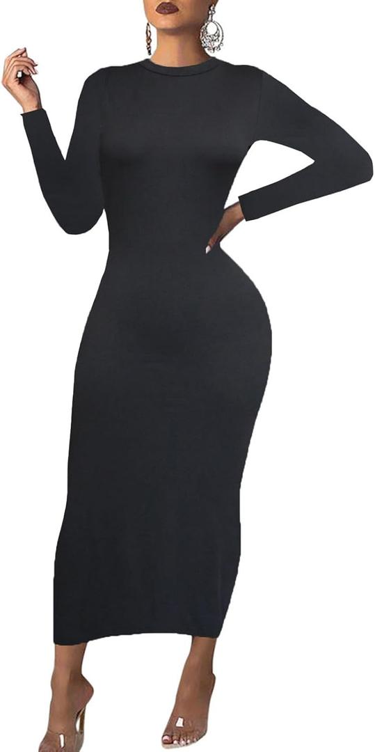Women's Long Sleeve Bodycon Dress - Maxi Casual Fall Club Party Long Tight Pencil Dresses Black L