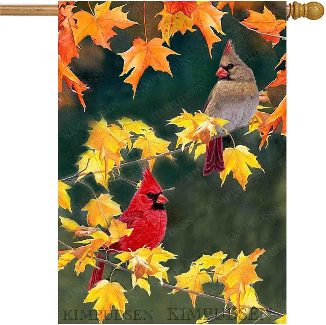 Fall House Flag Cardinal Bird 28x40 Double Sided Large Burlap Yard Flag Maple Leaves Welcome Autumn Thanksgiving Holiday Seasonal Outside Decorations