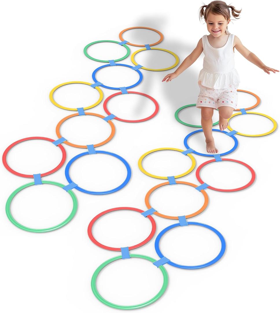 2 Sets Hopscotch Rings, 20 Plastic Round Hoops with 30 Connectors for Toddlers Gross Motor Skills, 11 Inch Indoor/Outdoor Agility Rings for Kids Playground Obstacle Course (Classic)