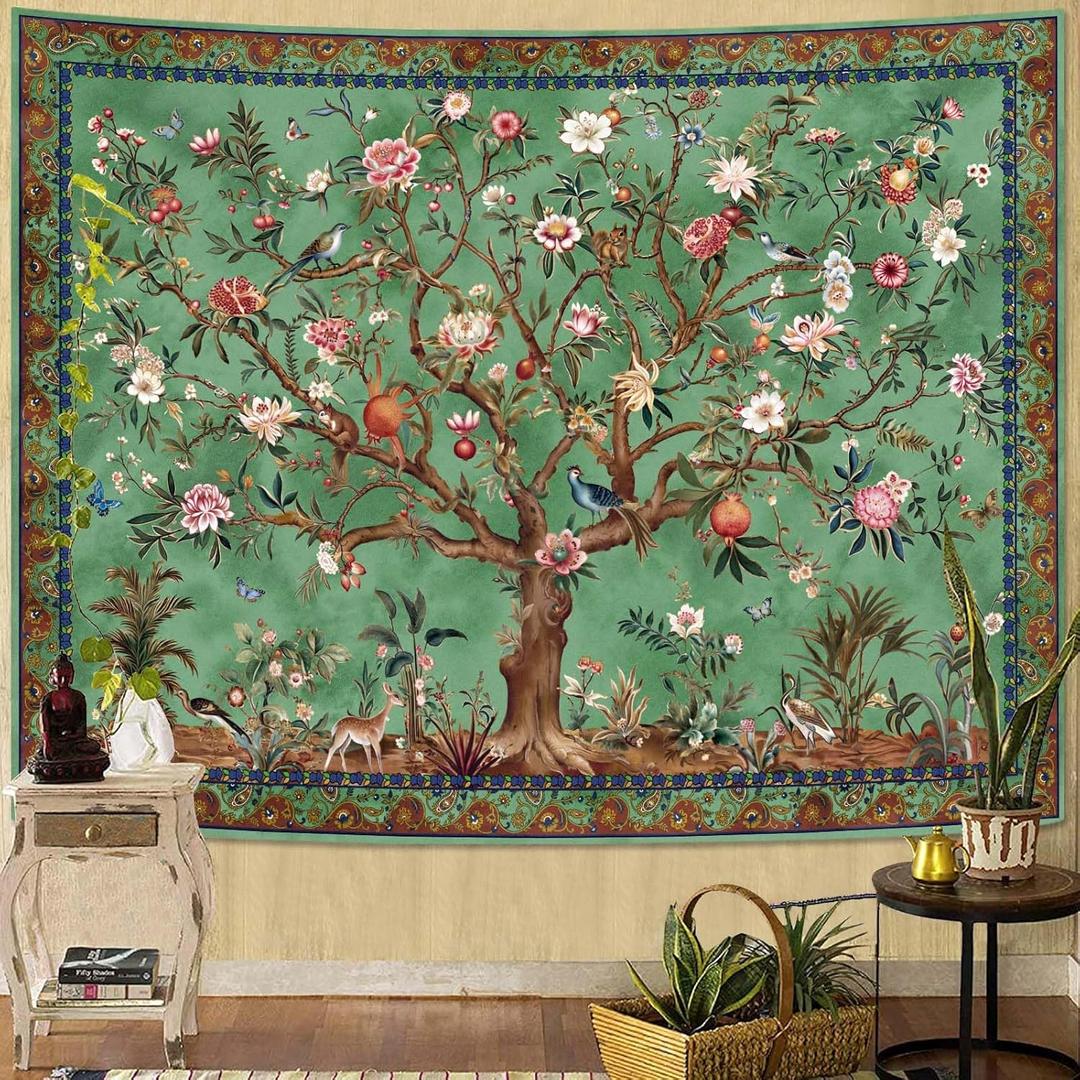 Faxdong Boho Tree of LIfe Tapestry, Vintage Flower Leaves Birds Plant Animal Pattern Tapestries, Retro Indian Bohemian Aesthetic Wall Hanging Green 4460 inch