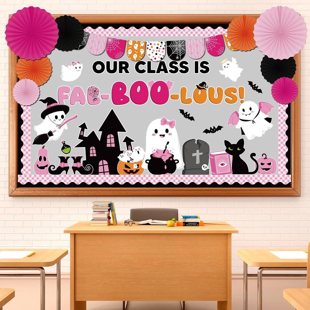 Pasimy 3D Halloween Bulletin Board Decorations Set Halloween Classroom Decor DIY Paper Fans Spooky Ghost Witch Pumpkin Cutouts Fall Border for Trick or Treat Home Office Wall Door Supplies(Classic)