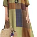 Women's Vintage Geometric Print Maxi Dress Color Block Plaid Design Crew Neck 3/4 Sleeve Loose Fit Long Dresses (Medium)