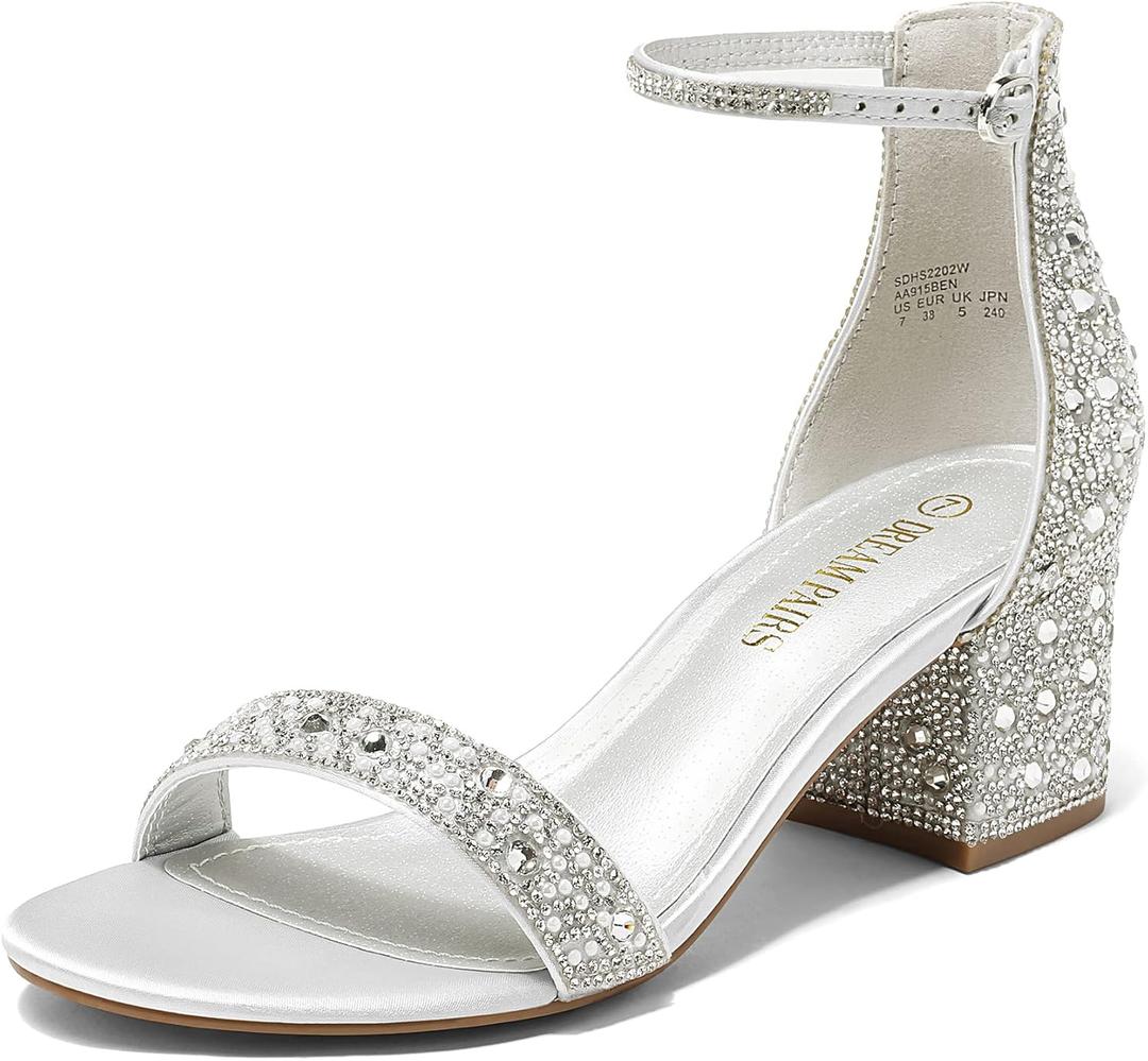 DREAM PAIRS Womens Low-Chunk Low Heel Pump Sandal (9, Silver/Rhinestone)