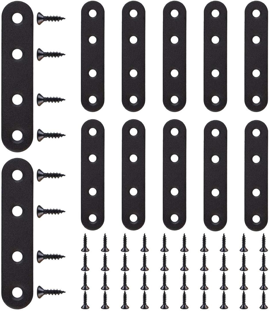 12 Pcs Flat Straight Brace Flat Straight Bracket Stainless Steel Flat Plate Straight Brackets Metal Mending Joining Plates for Wood Furniture Repair Fixing Bracket Connector with Screws (Black)