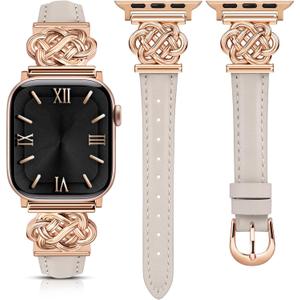 Minyee Celtic Knot Leather Band Compatible with Apple Watch Band 41/40/38/44/45/46/49/42mm Women, Slim Thin Dressy Premium Leather Adjustable Strap for iWatch Series 11 10 9 8 7 6 5 4 SE/Ultra 3 2 1 (Starlight/Rose Gold)