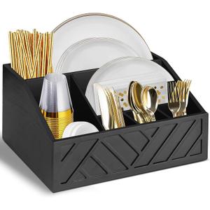 Ukonvi Paper Plate Dispenser, Paper Plate Holder for Kitchen Counter, Wood Rustic Silverware Utensil Caddy, Cutlery Flatware Organizer Box for Cups Spoons Forks Plates Napkins, Kitchen Accessories