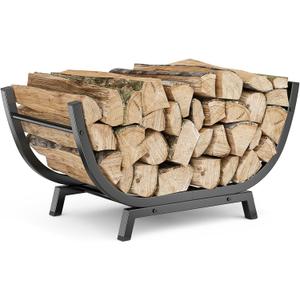 Firewood Rack - 25 inch Outdoor Indoor Metal Firewood Holder With Thickened Trapezoid Base-Double Coated Waterproof Rustproof Fireplace Firewood Stand, Black