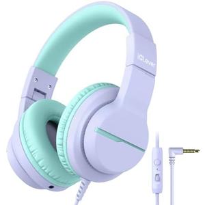 iClever HS19 Kids Headphones for School with Microphone, Safe Volume Limiter 74/85dBA, Over-Ear Girls Boys Headphones for Kids with FunShare Foldable Wired for iPad/Travel (Purple)