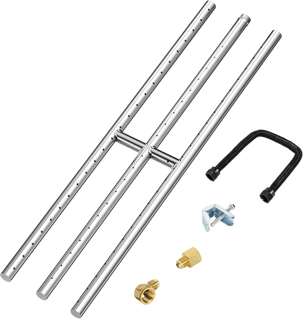 Skyflame 24" x 6" Rectangular Gas Fire Pit and Fireplace H-Burner with 3 Pipes - 304 Stainless Steel - for Indoor & Outdoor Use