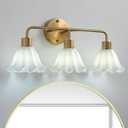 3 Light Gold Brass Bathroom Light Fixture,Brush Gold Vanity Lighting Over Mirror,Cute Milk White Glass Flower Lampshade,E26 Socket(Bulbs Not Included)