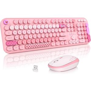 Atelus Wireless Keyboard and Mouse, Typewriter Full Size Keyboard with Number Pad and 2 in 1 USB Connected Mouse for Windows 7/8/10, Laptop, Desktop, PC, Computer (Pink Colorful)