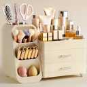 HBlife Makeup Organizer with Brush Holder for Vanity, Large Plastic Bathroom Countertop Organizer Skin Care Storage, Easy to Store Lipsticks, Nail Polishes, Perfumes, Eyeshadow Palettes, All Beige