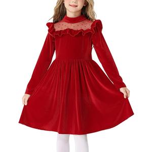 Happy Cherry Girls Christmas Dress Long Sleeve A Line Contrast Mesh Velvet Dresses Princess Birthday Party Dress 120