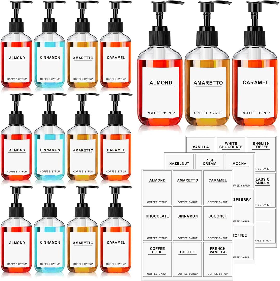 Mumufy Set of 12 Coffee Syrup Dispenser PET Syrup Pump Bottle Black Plastic Container with 27 Labels for Kitchen Restaurant Home Bar Accessories Organization(7 oz)