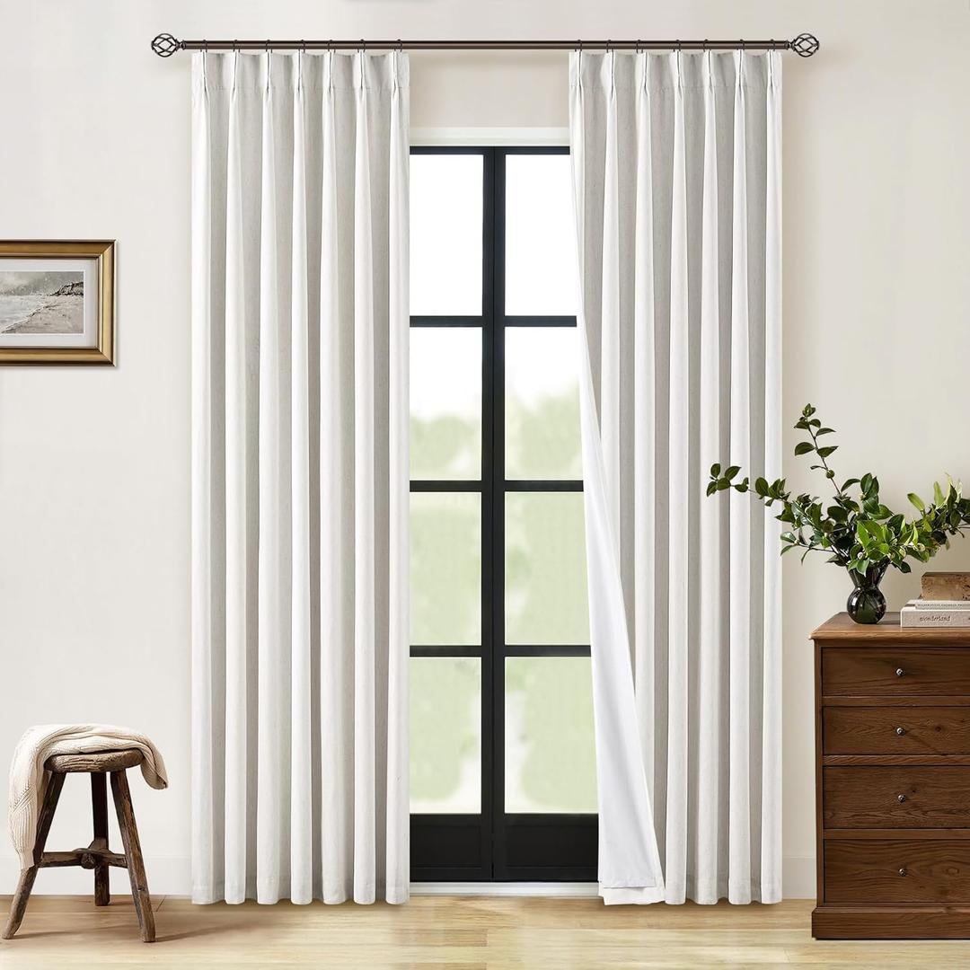 Pinch Pleat 100% Blackout Curtains 86 Inch Length 2 Panels Set Flax Linen Beige White Cream Room Darkening Soundproof Curtains Drapes with Hooks Rings Back Tab for Bedroom Living Room Track System