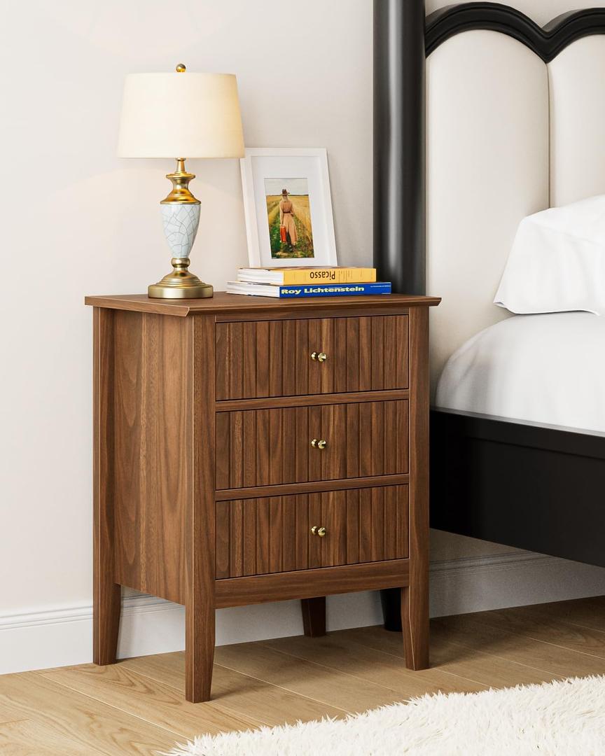 Night Stand, Fluted Nightstand Bedside Tall Farmhouse Nightstand with 3 Drawers, Mid Century Modern Side Accent Table,Bedside End Table for Bedroom, Living Room, Walnut