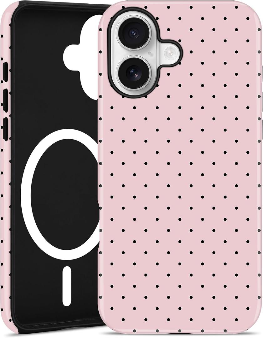 Jusy Compatible with MagSafe Polka Dot Case for iPhone 16, Cute Aesthetic Polka Dots Magnetic Phone Case, Soft TPU and Hard PC Protective Phone Cover for Women Girls（Matte） - Pink