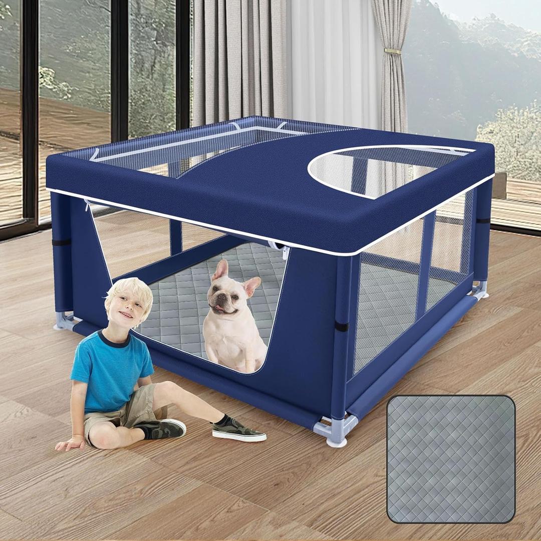 XVISHX 42x42 Inches Puppy Playpen with Cover&Dog Pads, Dog Playpen for Puppies or Small Dogs, Pet Playpen for Indoor & Outdoor, Sturdy Safety Dog Pen with Thickened Fabric