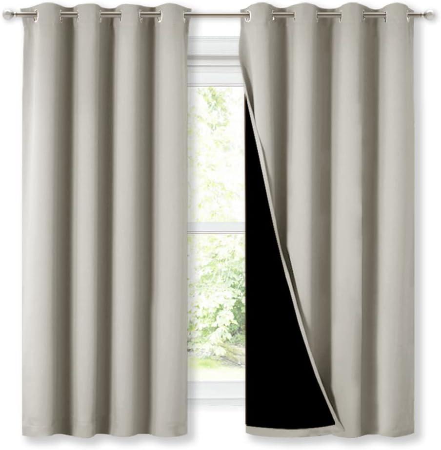 NICETOWN Natural 100% Blackout Lined Curtains, 2 Thick Layers Completely Blackout Window Treatment Thermal Insulated Drapes for Kitchen/Bedroom (1 Pair, 52 inches Width x 63 inches Length Each Panel)