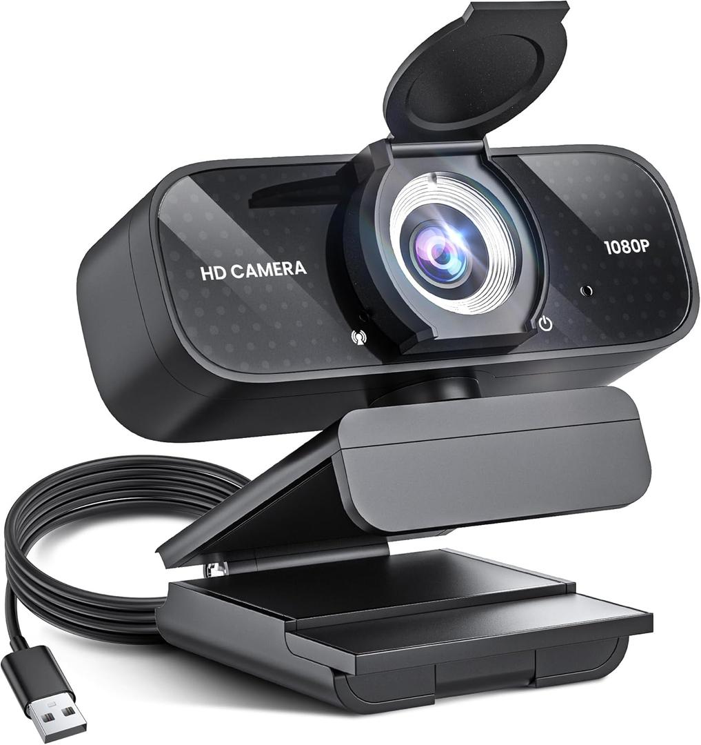 Plug and Play Webcam for PC, 1080P Webcam with Privacy Cover, Active Light Correction, Laptop,Desktop,Wide Angle Lens, (Black)
