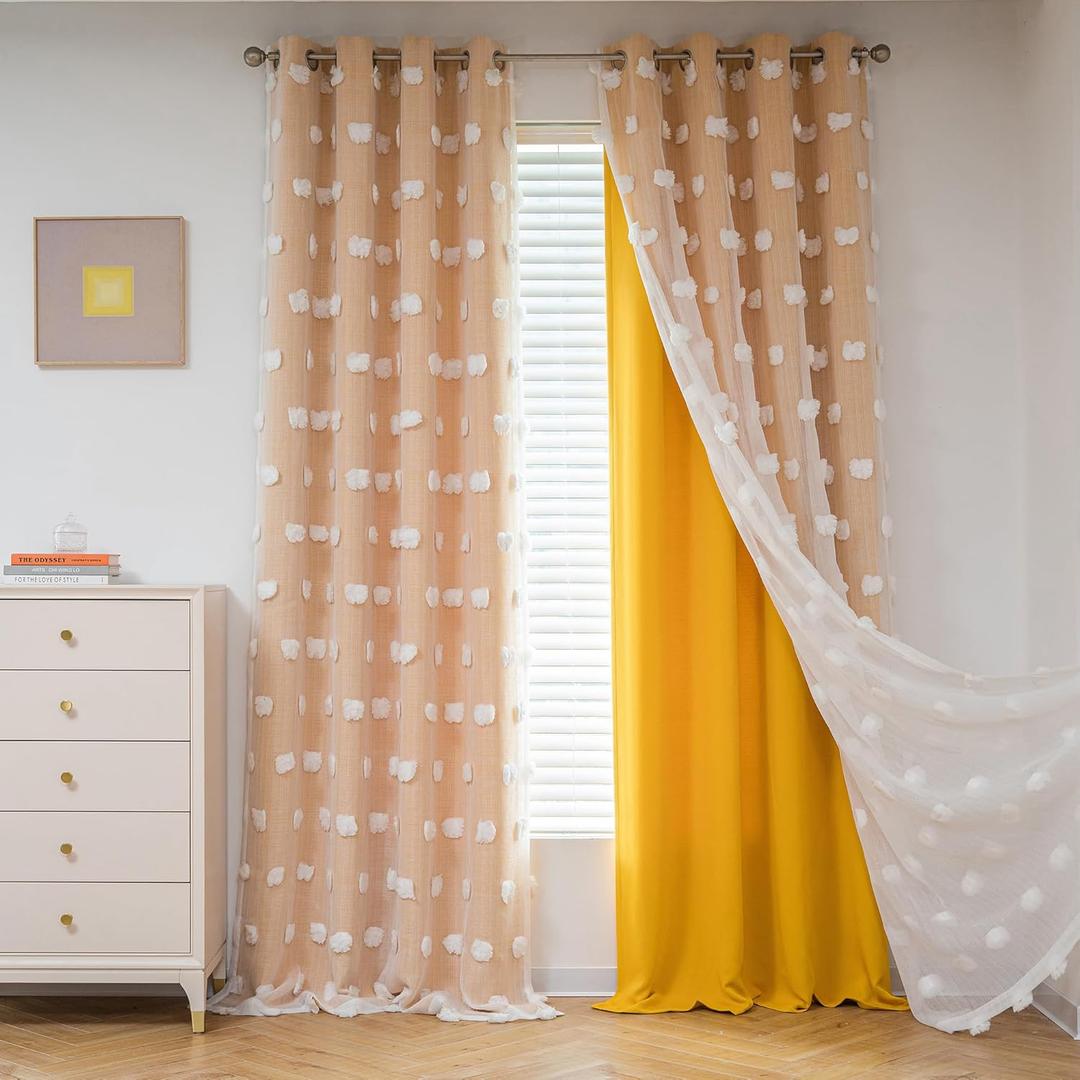 MYSKY HOME Yellow Curtains 90 Inch Long for Bedroom Nursery Curtains for Kids Room Double Layer Curtains for Living Room White Pom Pom Sheer Curtains Grommet Room Darkening Window Panels 52" x 90"