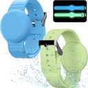 Waterproof Bracelet Compatible with Airtag (1st & 2nd Gen) for Kid, 2 Pack Soft Silicone Hidden Wristband, Lightweight Watch Band Compatible with Apple Air Tag for Child, Grow in Dark Blue & Green