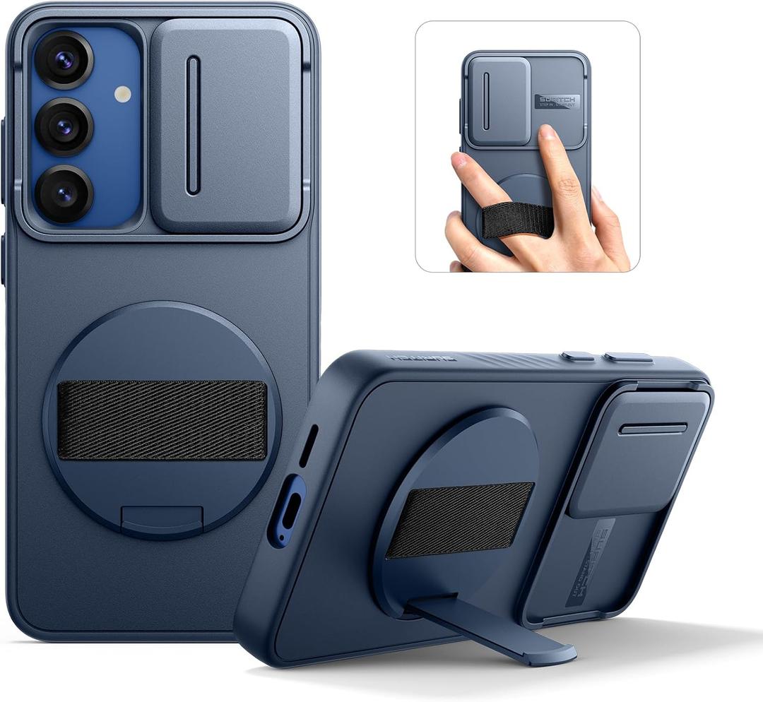 SURITCH for Samsung Galaxy S25 Case with 360 Rotatable Hand Strap Phone Grip & Invisible Kickstand & Slide Camera Cover, Rugged Shockproof Protective Cover for S25 -Dark Blue