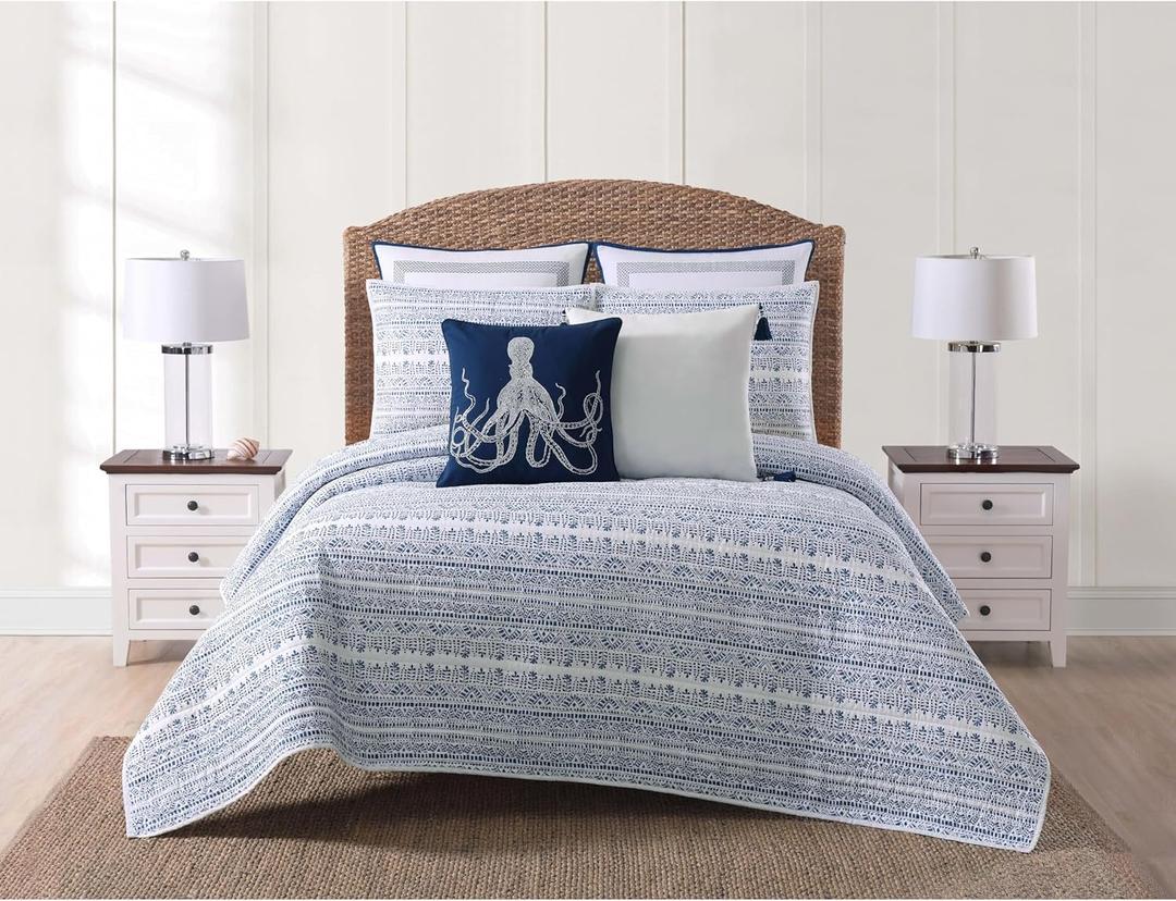 Reef White and Blue Cotton 3-Piece King Quilt Set, coastal Themed, for Men and Women, OEKO-TEX Certified Confidence