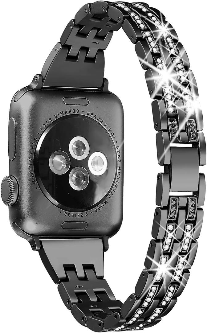 Secbolt Bling Bands Compatible with Apple Watch Band 38mm 40mm 41mm 42mm 44mm 45mm 46mm 49mm Women iWatch SE Series 11 10 9 8 7 6 5 4 3 2 1, Dressy Jewelry Metal Wristband Strap Diamond Rhinestone (Black)