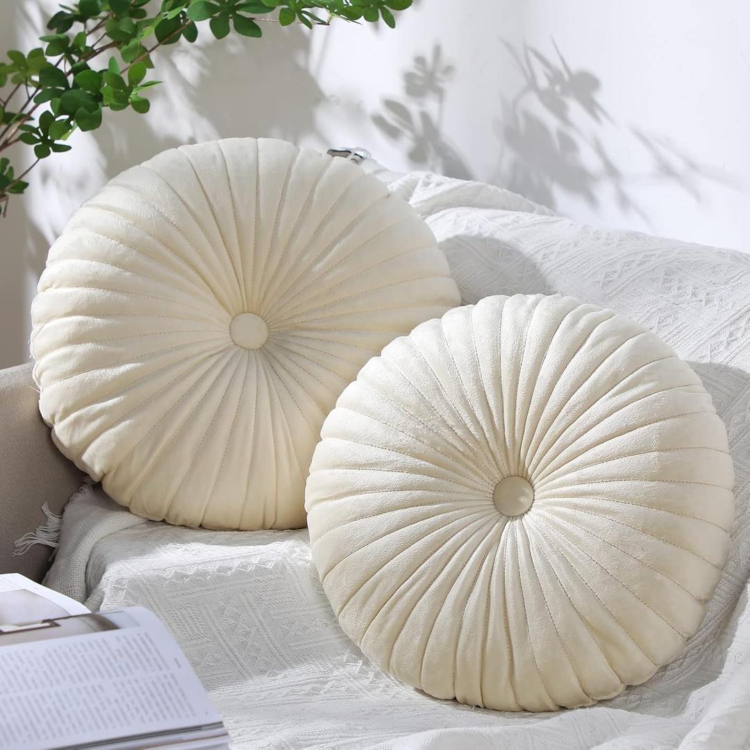 Namalu 2 Pcs Round Throw Pillow 13.8 Inch Decorative Round Velvet Floor Pillows Pumpkin Throw Pillows with Center Button for Thanksgiving Home Decor Living Room Sofa Couch Bed Chair (Cream)
