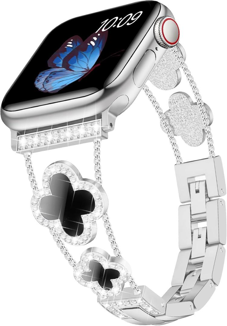 Tasikar Bling Diamond Women Band Compatible with Apple Watch Band 42mm 44mm 45mm 46mm 49mm Ultra SE Series 11 10 9 8 7 6 5 4 3 2 1 Lucky Clover Dressy Replacement Bracelet (Silver/Black)