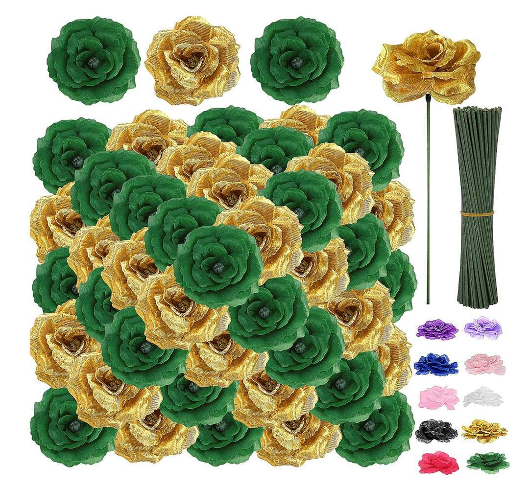 108pcs Roses Head Flowers with Stem - Emerald Green Gold Artificial Flowers Rose Bulk - Silk Rose Fake Flower for Wedding Bouquet Decor DIY Baby Shower Centerpieces St Patrick's Day Decoration