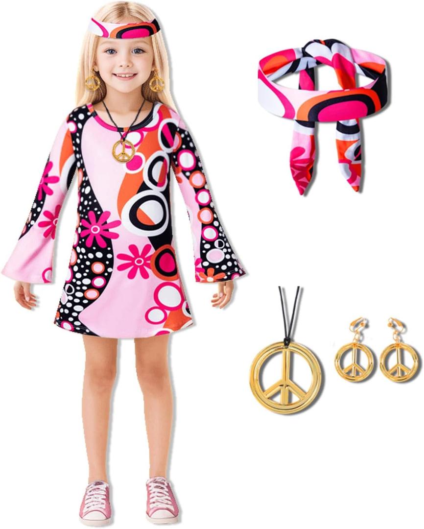 MOMMY'S NEW MAN Toddler Girl's 60s 70s Flower Halloween Party Disco Peace and Love Hippie Dress (3T, Pink)