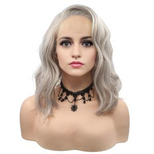 Wiginway Short Silver Grey Curly Synthetic Lace Front Wigs Bob Hair Wigs Side Parting Heat Resistant Women Wigs Platinum Gray Wigs 14 inches