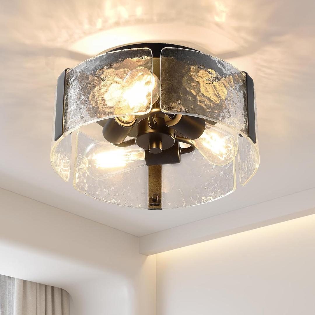 Black Semi Flush Mount Ceiling Light - 13" Kitchen Lighting Fixtures Ceiling Mount, 3-Light Modern Hallway Light Fixtures Glass Foyer Lighting Fixtures for Bathroom Entryway Kitchen Laundry Room