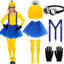 Halloween Costume Accessories Set Adult Women Goggles/Yellow Beanie/Blue Skirt/Suspenders/Gloves/Stockings for Halloween Cosplay Dress Up