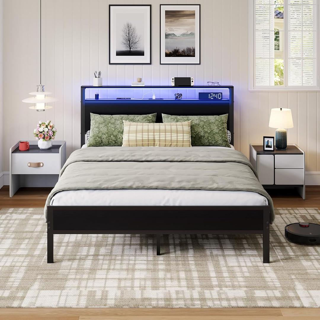 Novilla Queen Bed Frame with LED Lights and Charging Station, Metal Platform Bed with 2-Tier Storage Headboard, Smart Music Sync, Easy Assembly, No Box Spring Needed, Black