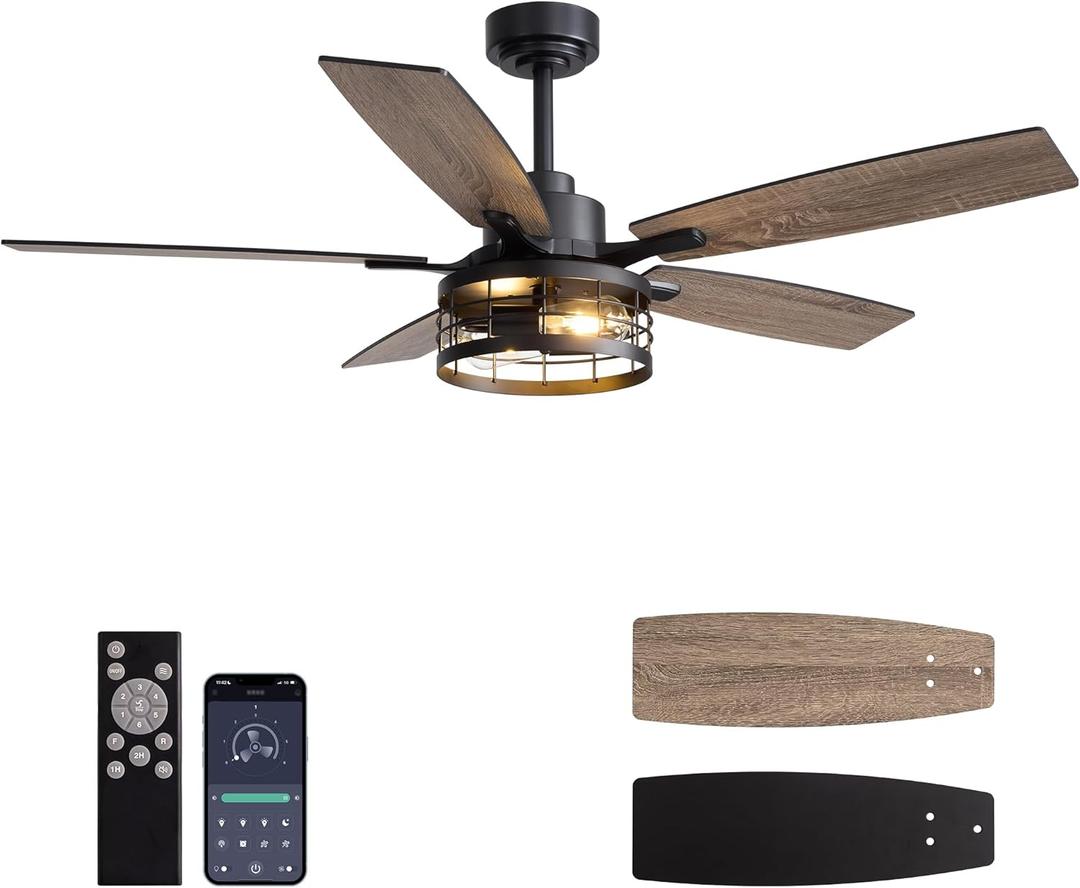 52 Inch Ceiling Fans with Lights and Remote & APP Control, Farmhouse Ceiling Fan Lights for Bedroom Living Room and Patio, Black Caged Ceiling Fan for Indoor and Outdoor (No Bulbs)