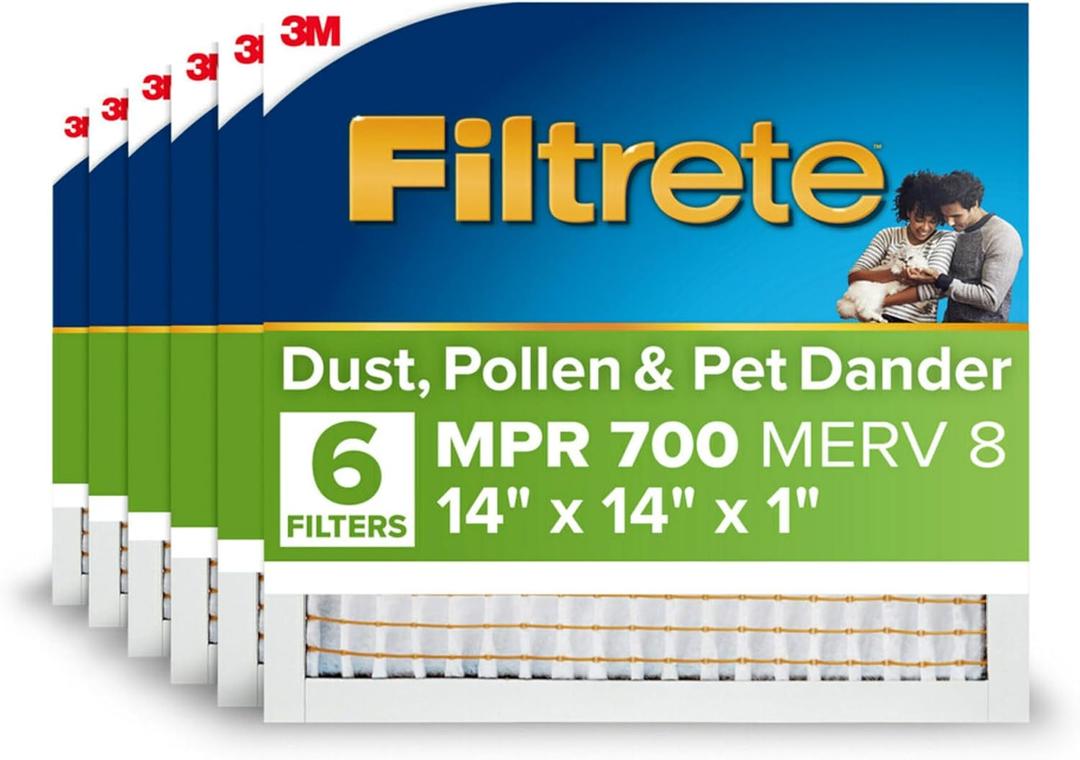 Filtrete 14x14x1 AC Furnace Air Filter, MPR 700, MERV 8, Tough on Pollen, Easy on Airflow, 3-Month Pleated 1-Inch Electrostatic Air Cleaning Filter, 6-Pack (Actual Size 13.68 x 13.68 x 0.78 in)