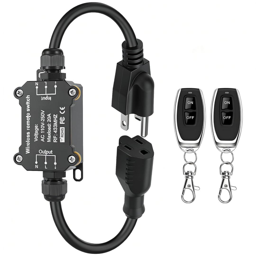 AC110V Remote Control Power Switch,Waterproof Wireless Light Switch,165 Feet Long,AC110V/120V/250V/20A RF Module Relay,Outdoor Weatherproof Smart Socket,Electrical Equipment