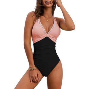 SEAFORM Womens One Piece Swimsuit Tummy Control Swimsuits V-Neck Push Up Swimwear Full Coverage Slimming Bathing Suits (Large, Pink/Black)